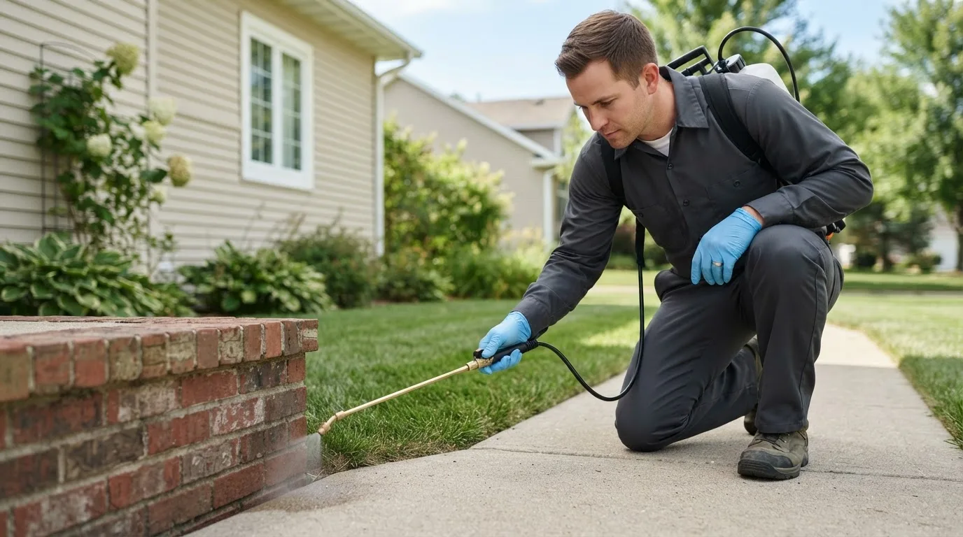 Pest control technician treating a home near Pembina, ND